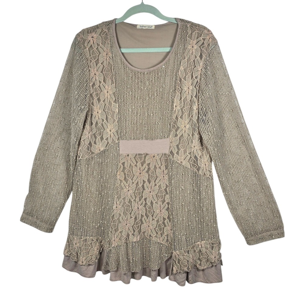 Indigo Soul Womens Floral Lace Net Mesh Tunic Top Ruffle Hem Taupe Long Sleeve